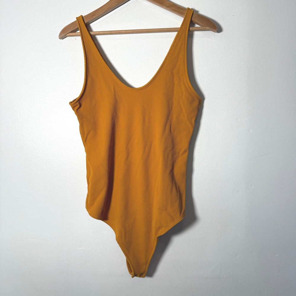Abercrombie & Fitch Soft AF Ribbed Bodysuit Mustard Yellow Large Scoop Neck Snap